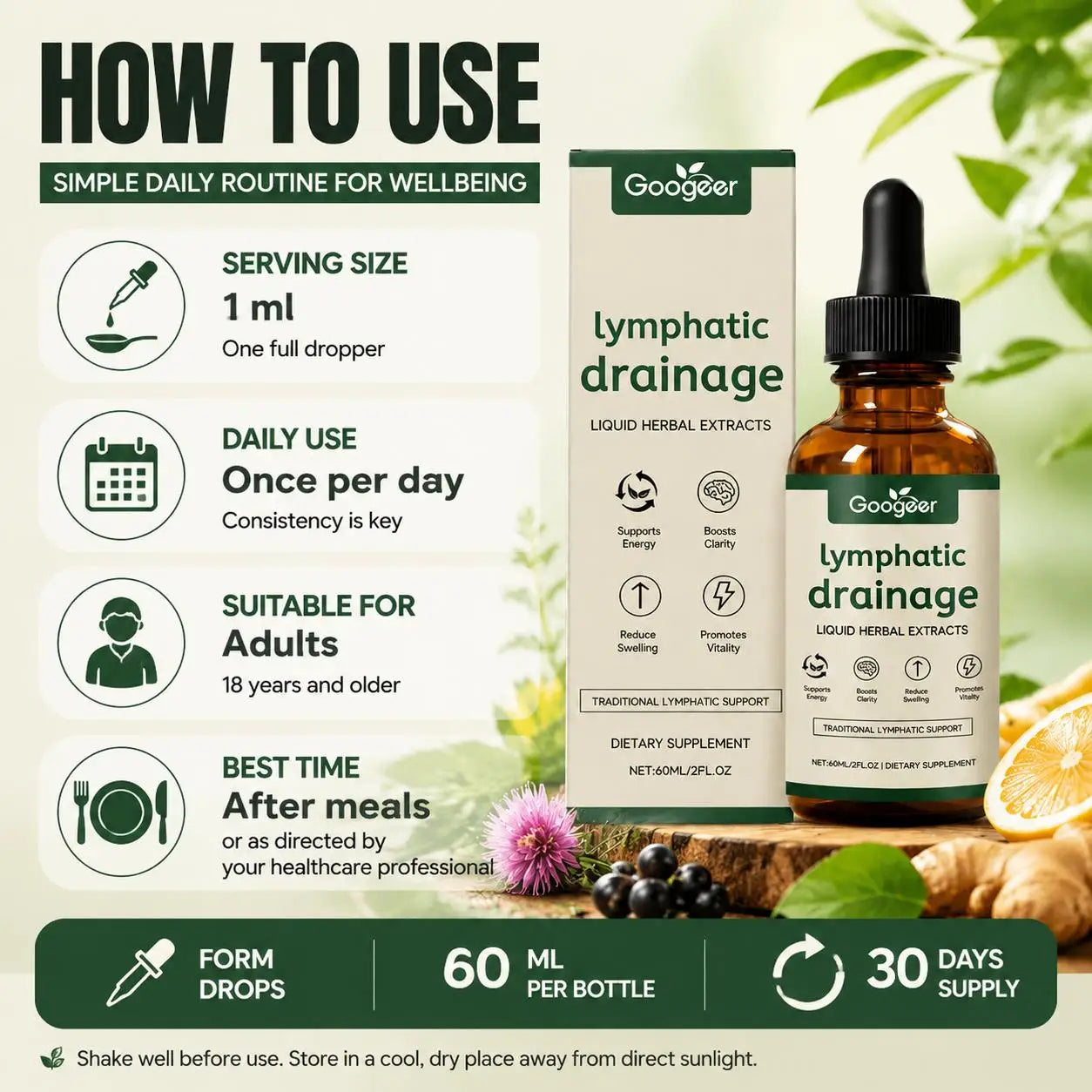 Googeer Lymphatic Drainage Herbal Drops with Uncaria Rhynchophylla and Red Clover, 60 Ml Bottle, 1 Ml Daily Use for Adults