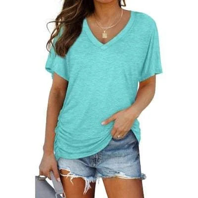Soft V-Neck Dolman Loose Fit T-Shirt with Side Ruching