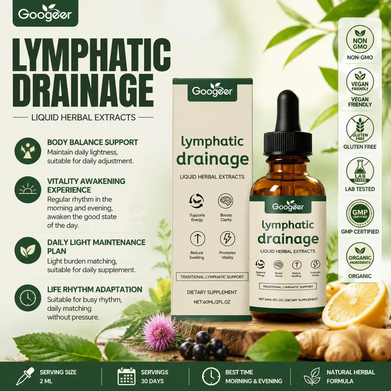 Googeer Lymphatic Drainage Herbal Drops with Uncaria Rhynchophylla and Red Clover, 60 Ml Bottle, 1 Ml Daily Use for Adults