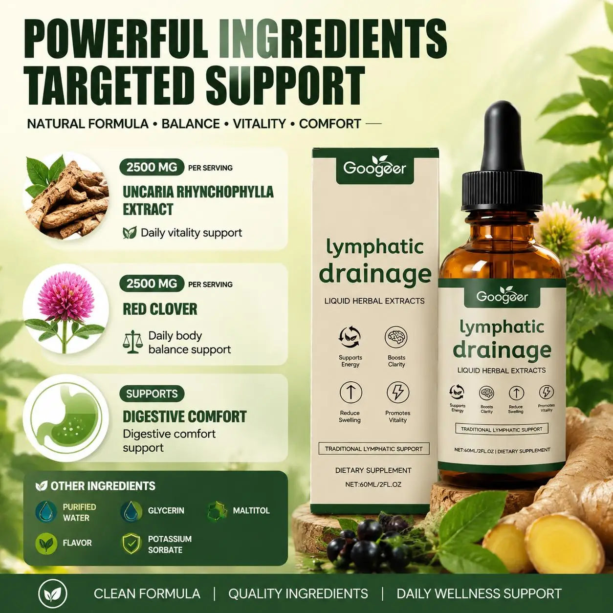 Googeer Lymphatic Drainage Herbal Drops with Uncaria Rhynchophylla and Red Clover, 60 Ml Bottle, 1 Ml Daily Use for Adults